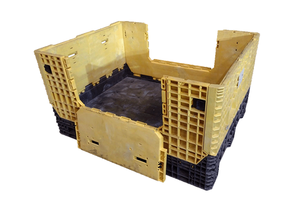 Reconditioned HPJ Industries 62" x 48" x 34" Black Base Yellow Wall All Good Runner 62" Side Bulk Container - 2 Drop Doors - Image 4