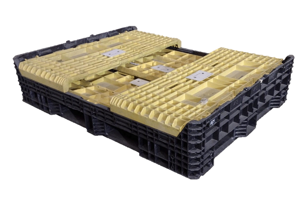 Reconditioned HPJ Industries 62" x 48" x 34" Black Base Yellow Wall All Good Runner 62" Side Bulk Container - 2 Drop Doors - Image 2