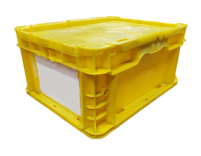 Used HPJ Industries 15" x 12" x 7" Yellow Flip Top Hand Tote Smooth Bottom